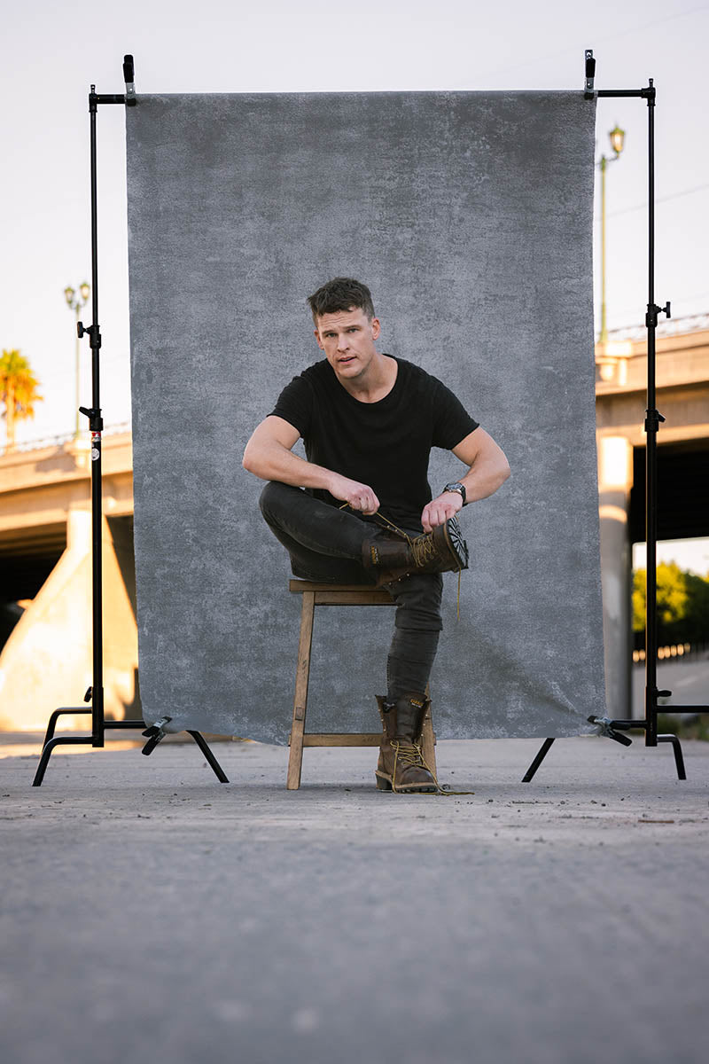 Clotstudio #517 hand-painted canvas backdrop in grey textured, perfect for portrait photography (shot by @jakelylephoto)